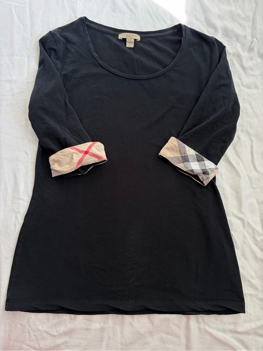 Burberry Brit Black Scoop Neck Top with Nova Check Cuffs Size S